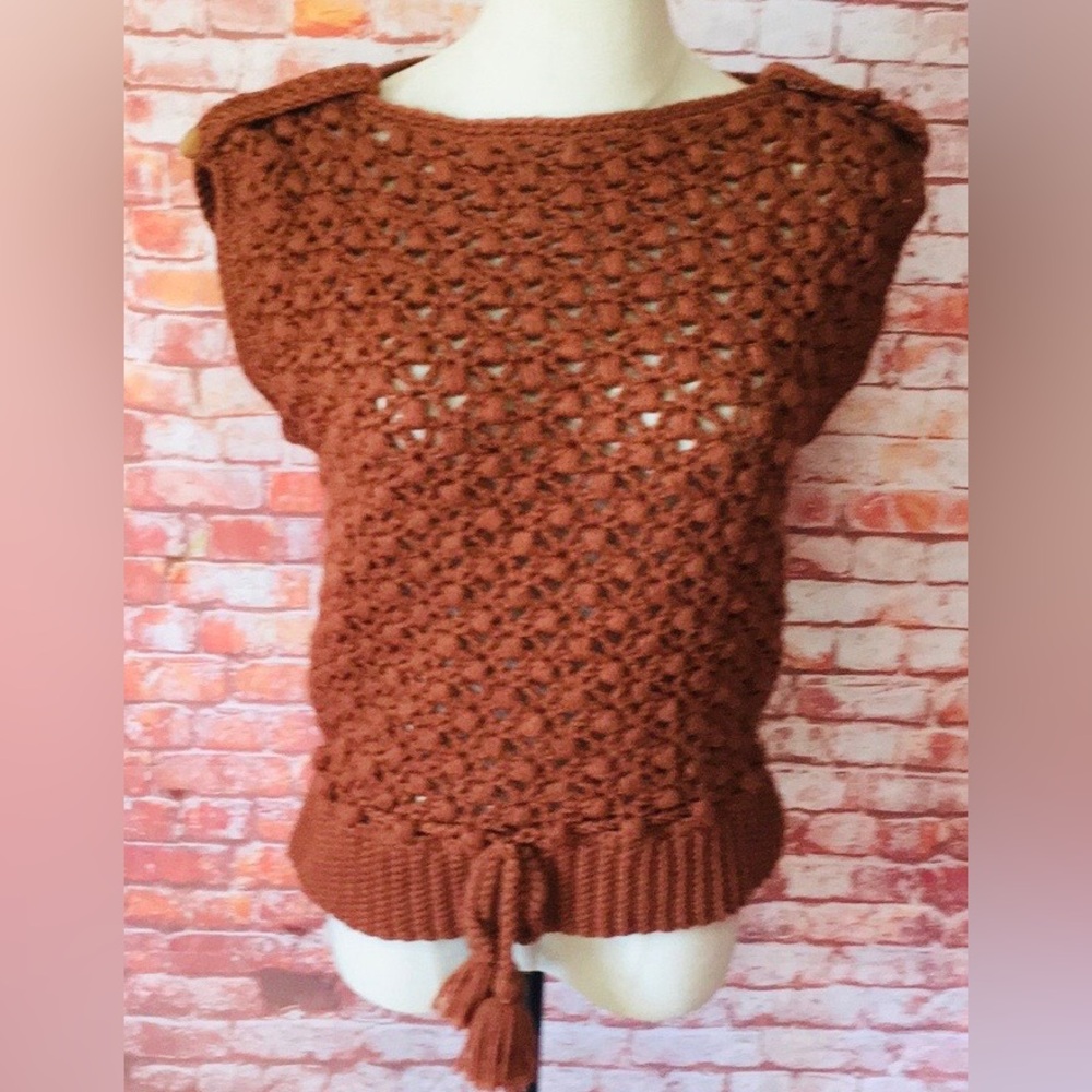 Vintage 70s Terracotta  Handmade Crochet  Cap Sleeve Sweater